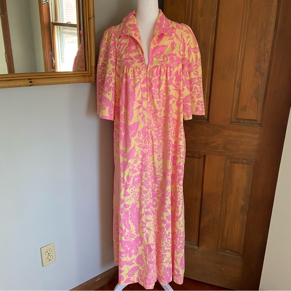Vintage Ruth Clarage Large Floral Pink Print Mumu House Dress Boho Hand Printed